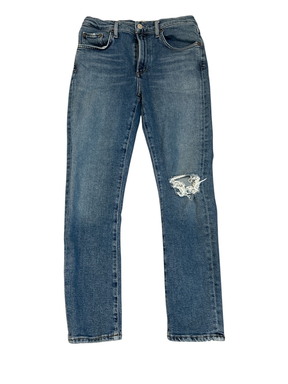 Agolde Mid Blue Skinny Jeans with Knee Distress
